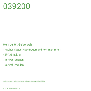 Wem gehört die Vorwahl 039200?