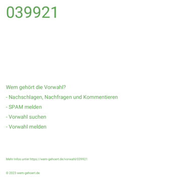 Wem gehört die Vorwahl 039921?